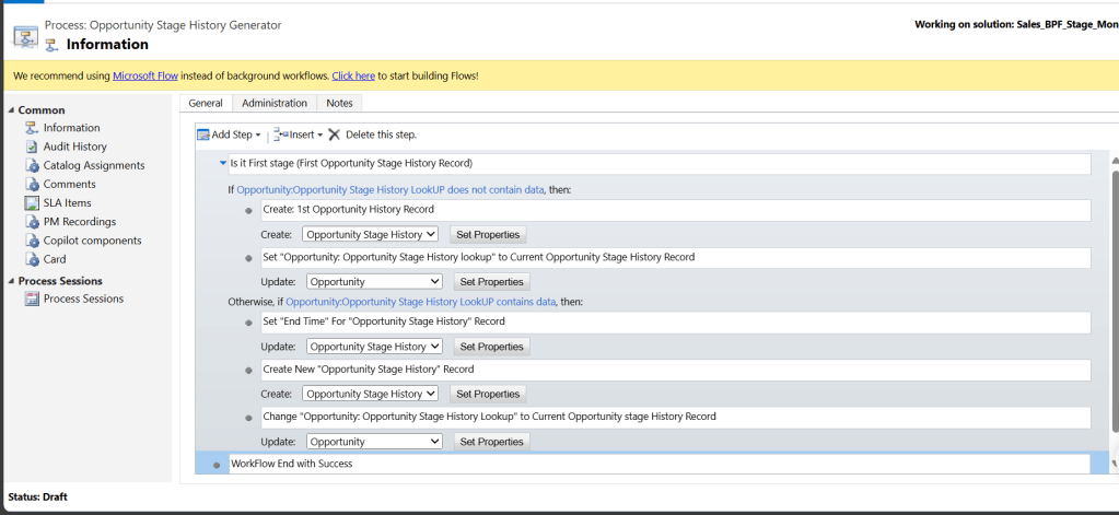 Workflow logic for monitoring stage changes in Opportunity business process flow at dynamics 365