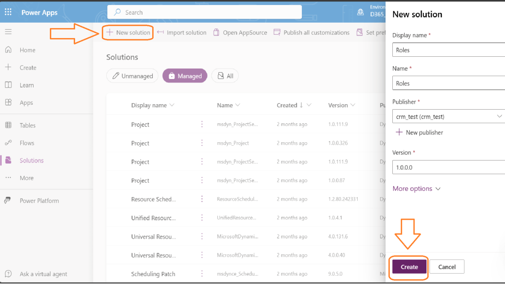 Create Solution in dynamics 365